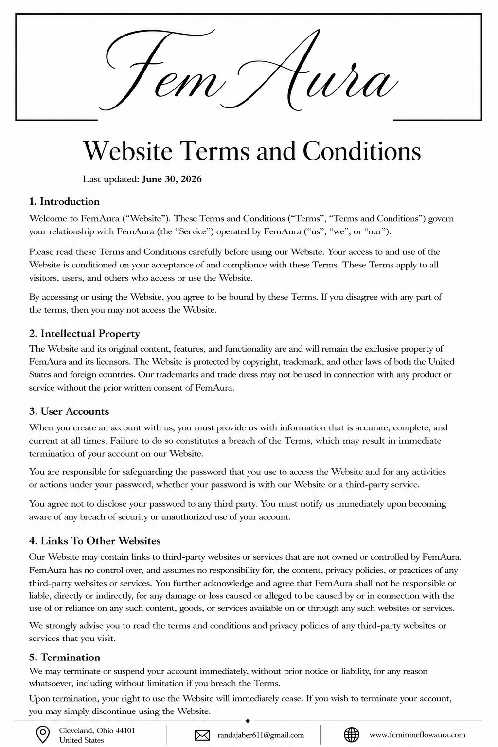 FemAura Website Terms and Conditions
